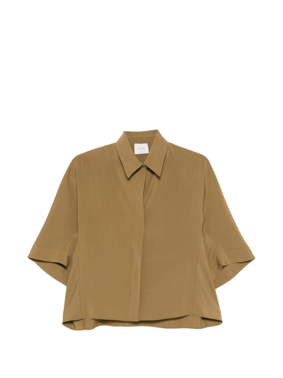 Alysi Short Sleeve Shirt For Women Front Button Boxy Silhouette Green Soft Modal Blend Versatile For Casual To Dressy