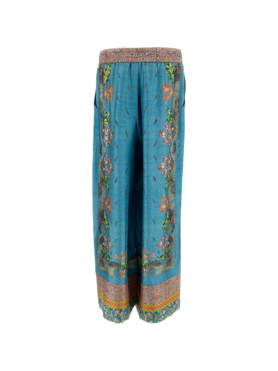 Pierre Louis Mascia Blue Floral Silk Print Trousers With Elastic Waist