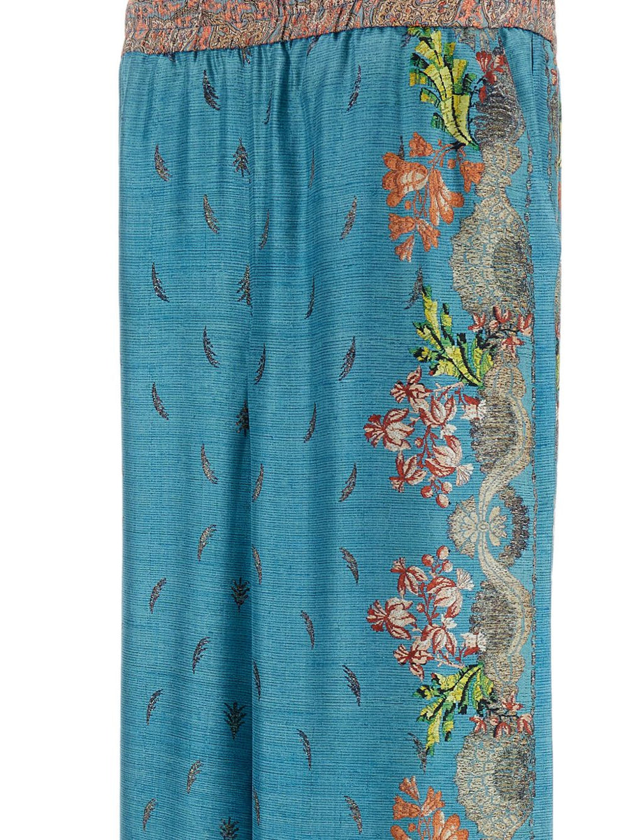Pierre Louis Mascia Blue Floral Silk Print Trousers With Elastic Waist