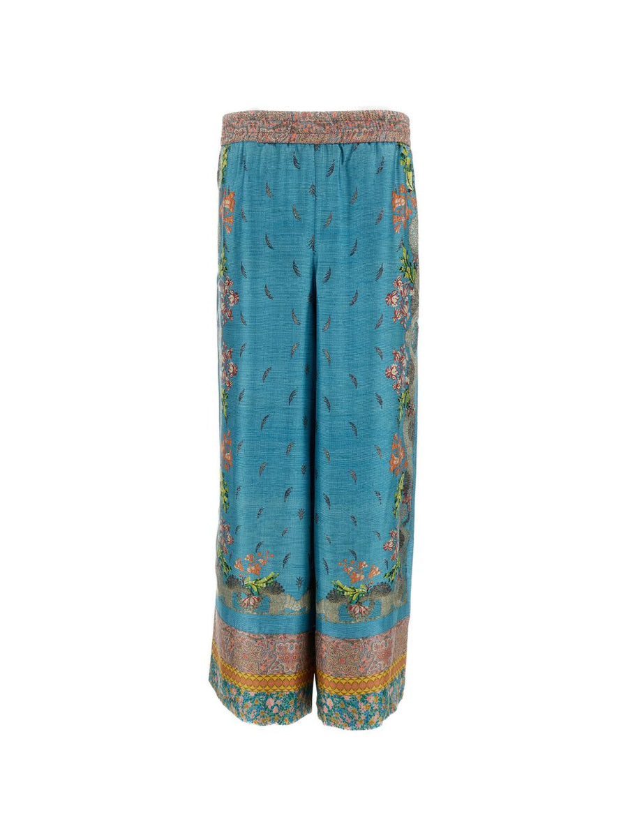Pierre Louis Mascia Blue Floral Silk Print Trousers With Elastic Waist