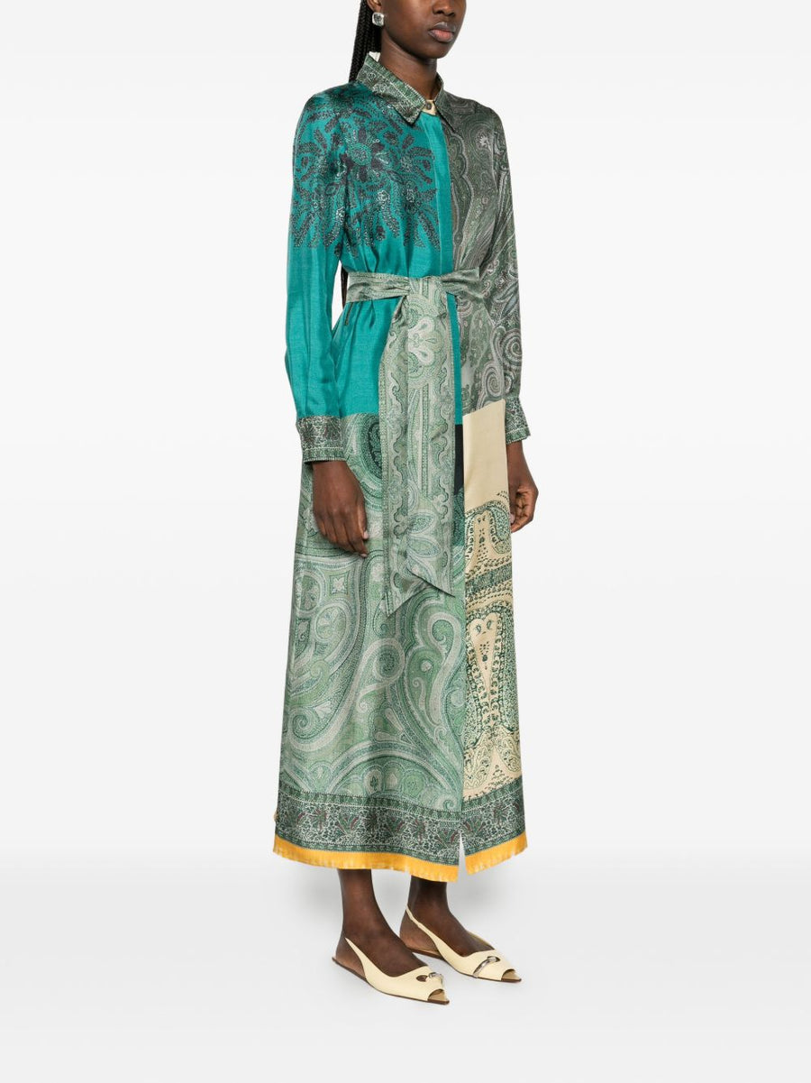 Pierre Louis Mascia Silk Dress With Green Paisley Print Polished Button Fastening Tie Detail For Women