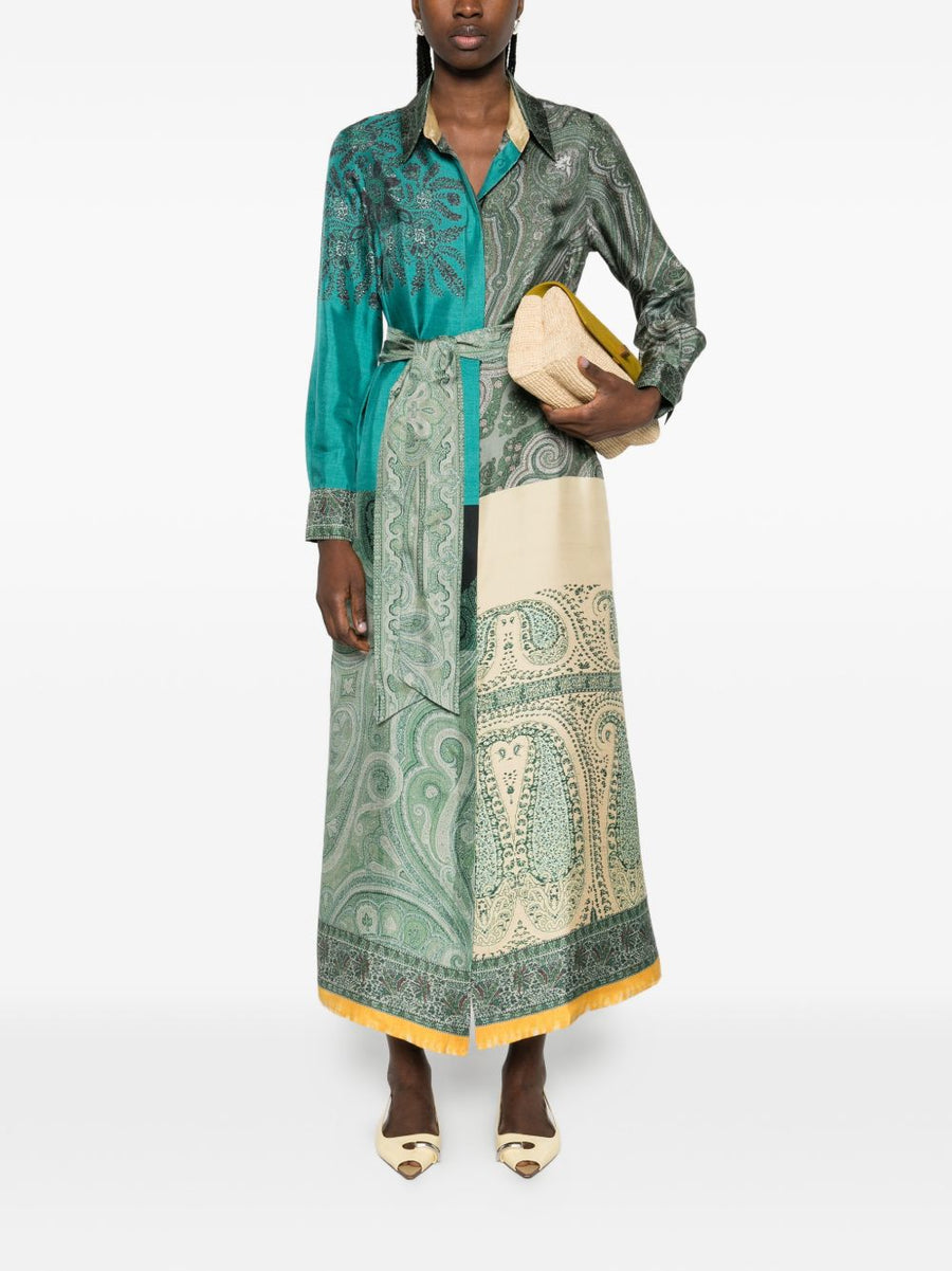 Pierre Louis Mascia Silk Dress With Green Paisley Print Polished Button Fastening Tie Detail For Women