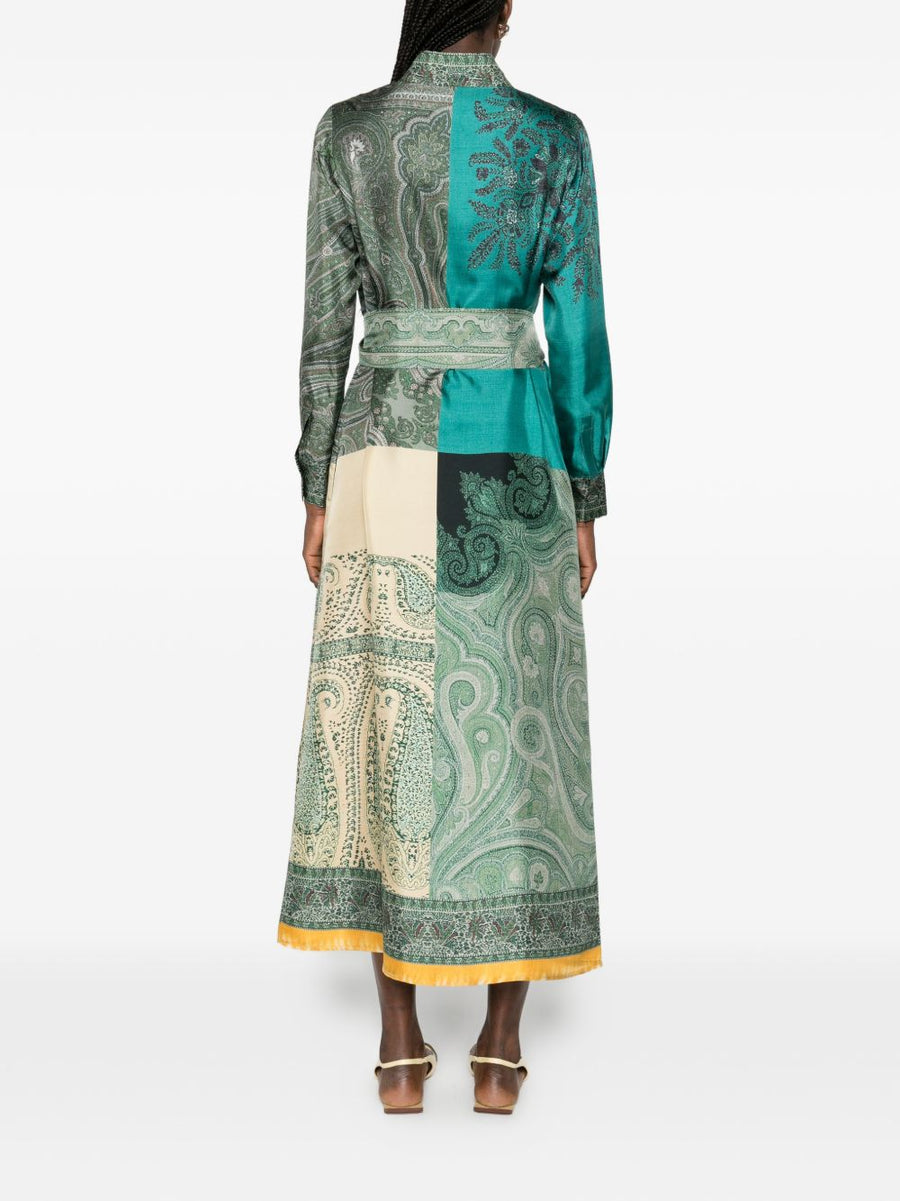 Pierre Louis Mascia Silk Dress With Green Paisley Print Polished Button Fastening Tie Detail For Women