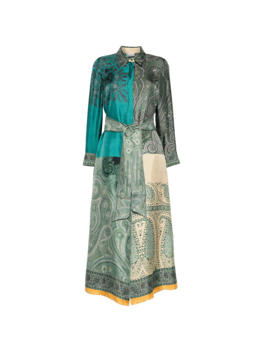 Pierre Louis Mascia Silk Dress With Green Paisley Print Polished Button Fastening Tie Detail For Women