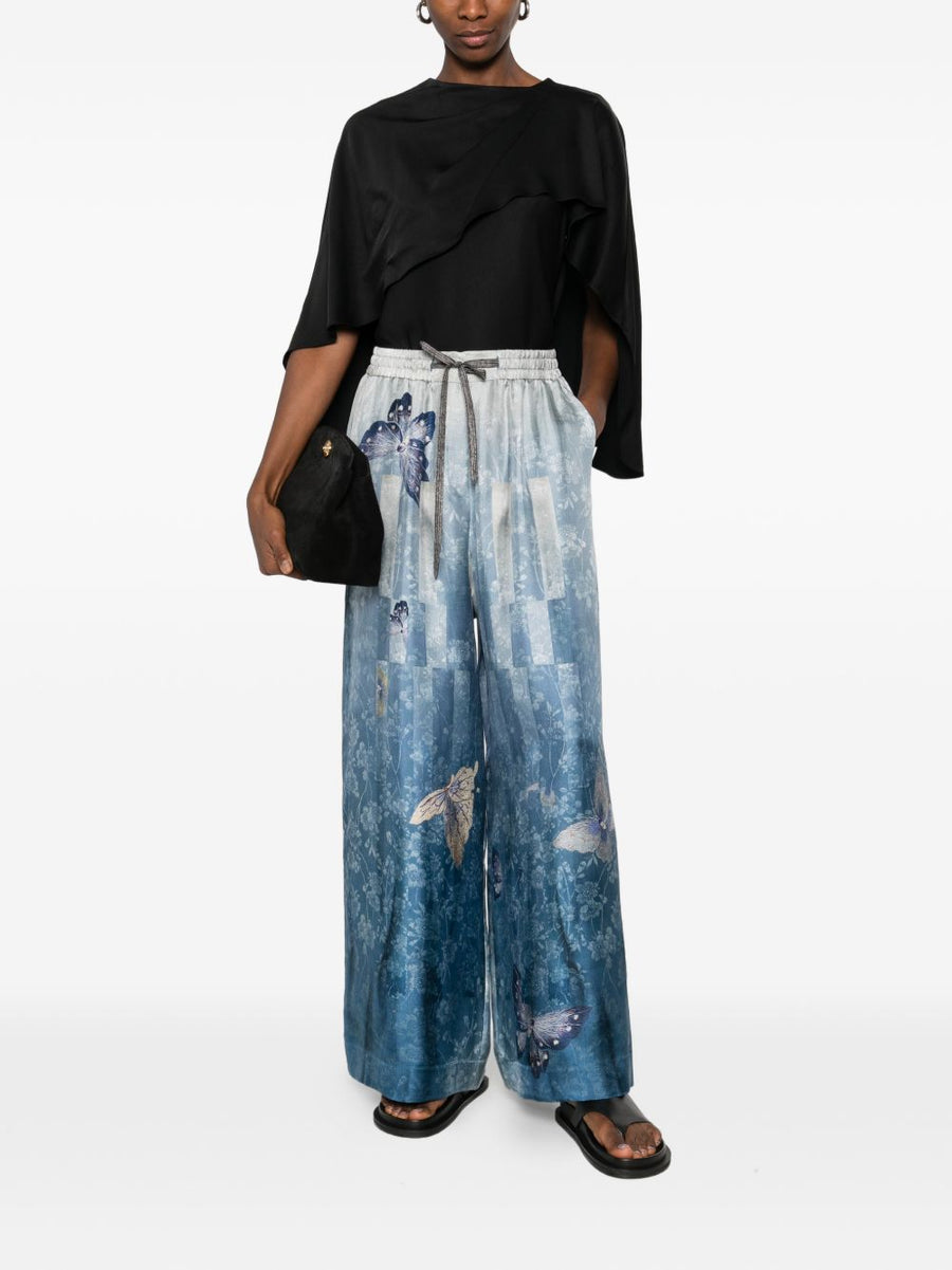 Pierre Louis Mascia Silk Printed Trousers For Women Luxurious Comfort With Vibrant Butterfly And Floral Print