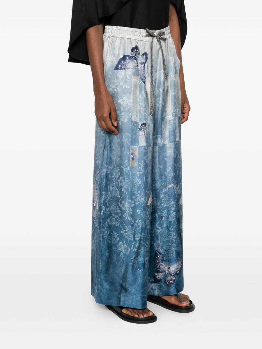 Pierre Louis Mascia Silk Printed Trousers For Women Luxurious Comfort With Vibrant Butterfly And Floral Print
