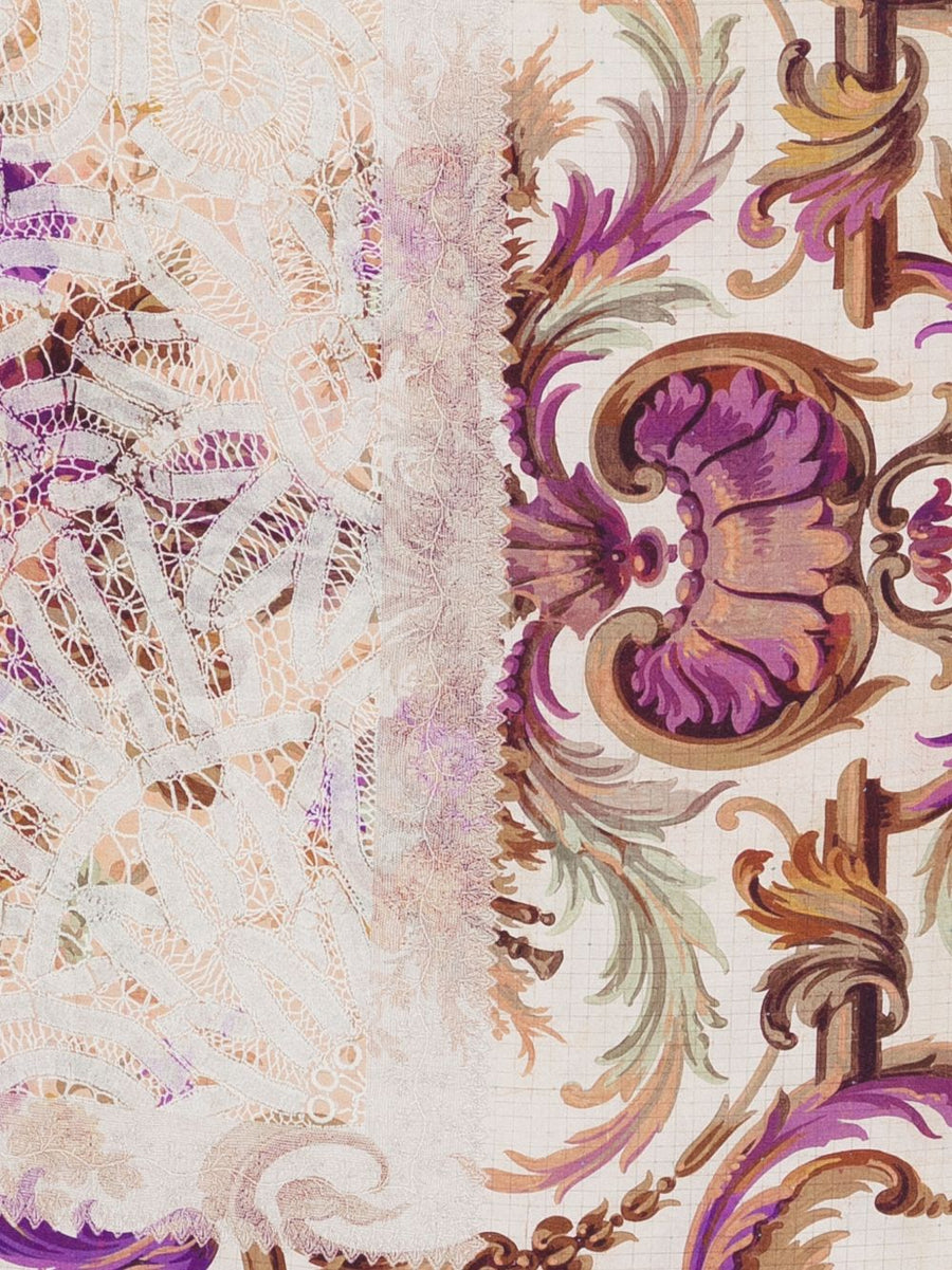 Pierre Louis Mascia Silk Stole Purple Floral Print With Lace Fringe For Women Luxurious Daywear