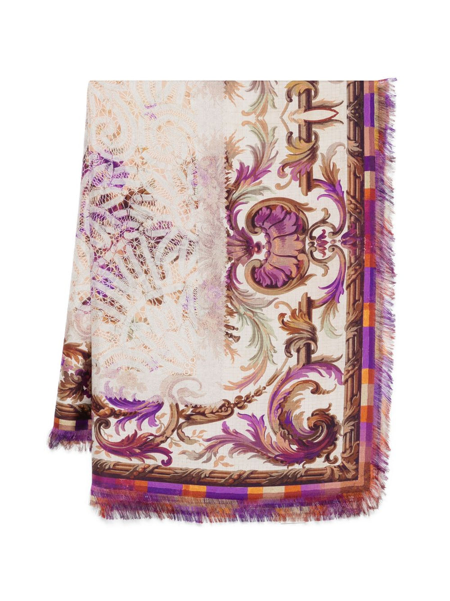 Pierre Louis Mascia Silk Stole Purple Floral Print With Lace Fringe For Women Luxurious Daywear