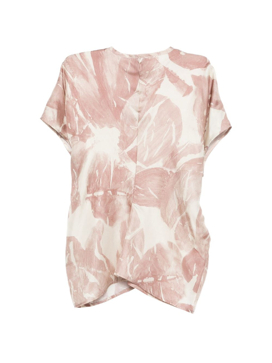 Alysi Silk Blouse For Women Powder Print V Neck Short Sleeve Lightweight 100 Percent Silk Resort Wear