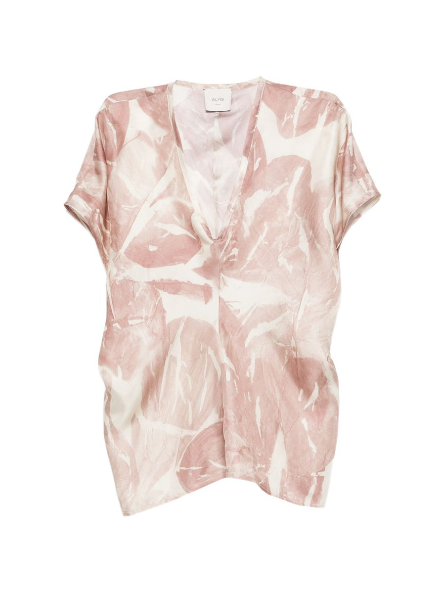 Alysi Silk Blouse For Women Powder Print V Neck Short Sleeve Lightweight 100 Percent Silk Resort Wear