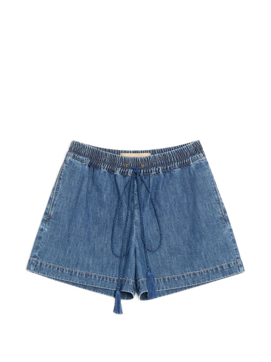 Valentino Made In Italy Navy Denim Shorts For Women Premium Cotton Chambray Drawstring Waist
