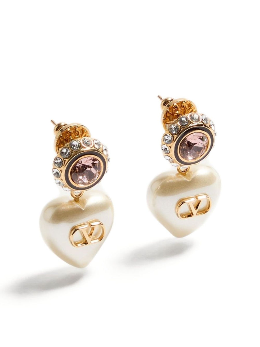 Valentino Garavani VLogo Pearl Stud Earrings For Women Crystal Accents Versatile Luxury Gold Tone