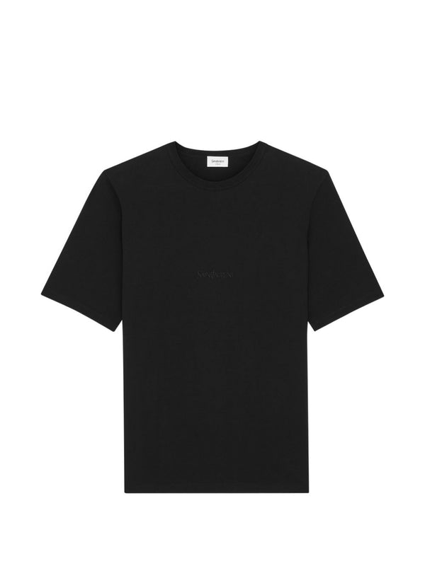 Saint Laurent Cotton T Shirt for Men Premium Black Crewneck with Tonal Embroidery Luxury Everyday Wear
