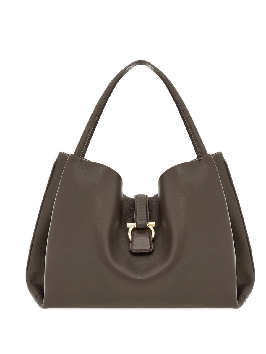 Ferragamo Grey Calfskin Tote Bag For Women With Quiet Luxury, Spacious Interior And Soft Structured Silhouette