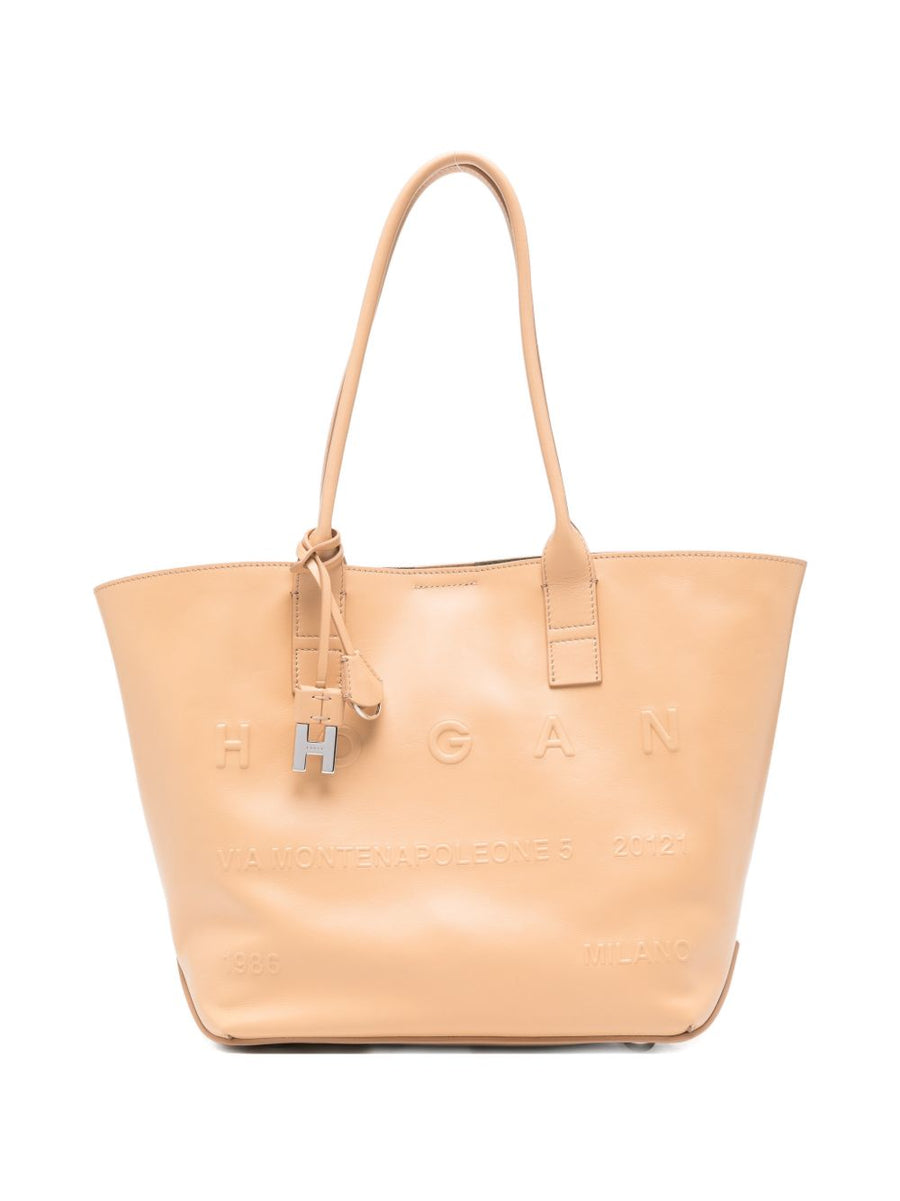 Hogan Address Small Shopping Bag Calf Leather Luxury City Everyday Women Tote Beige Top Handles with Pouch