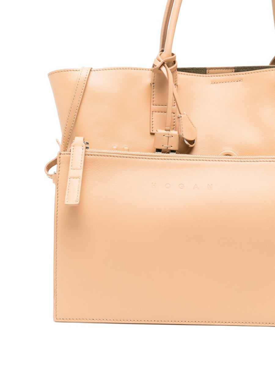 Hogan Address Small Shopping Bag Calf Leather Luxury City Everyday Women Tote Beige Top Handles with Pouch