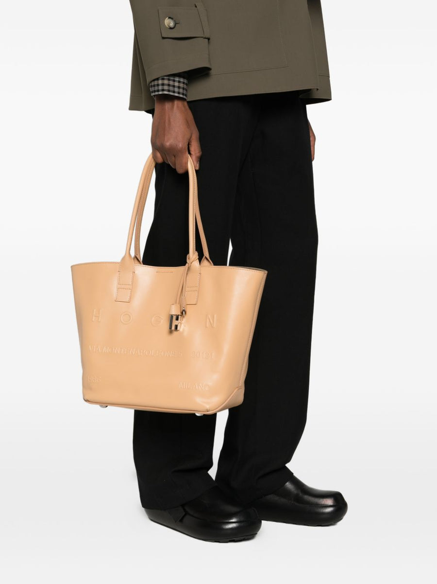 Hogan Address Small Shopping Bag Calf Leather Luxury City Everyday Women Tote Beige Top Handles with Pouch