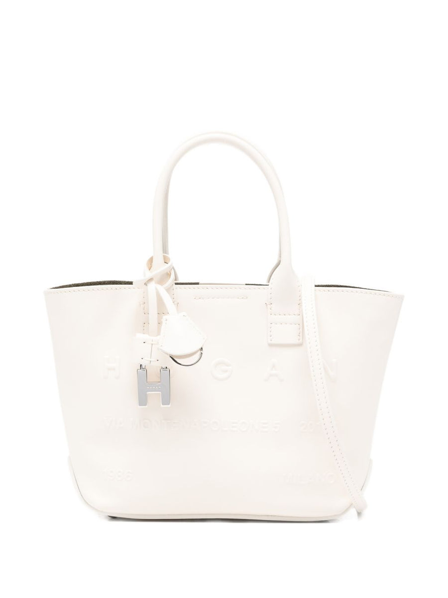 Hogan Address Shopping Bag Mini Calf Leather White Compact Tote For Women With Detachable Strap