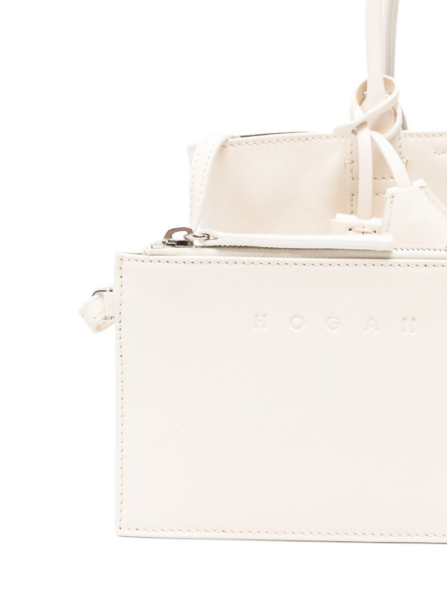 Hogan Address Shopping Bag Mini Calf Leather White Compact Tote For Women With Detachable Strap