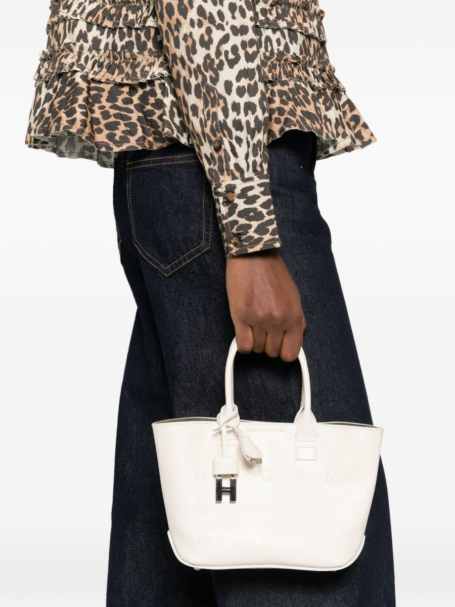 Hogan Address Shopping Bag Mini Calf Leather White Compact Tote For Women With Detachable Strap