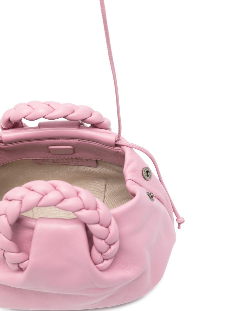 Hereu Bombon Pink Calf Leather Handbag For Women Compact Everyday Luxury With Braided Handles Drawstring Closure