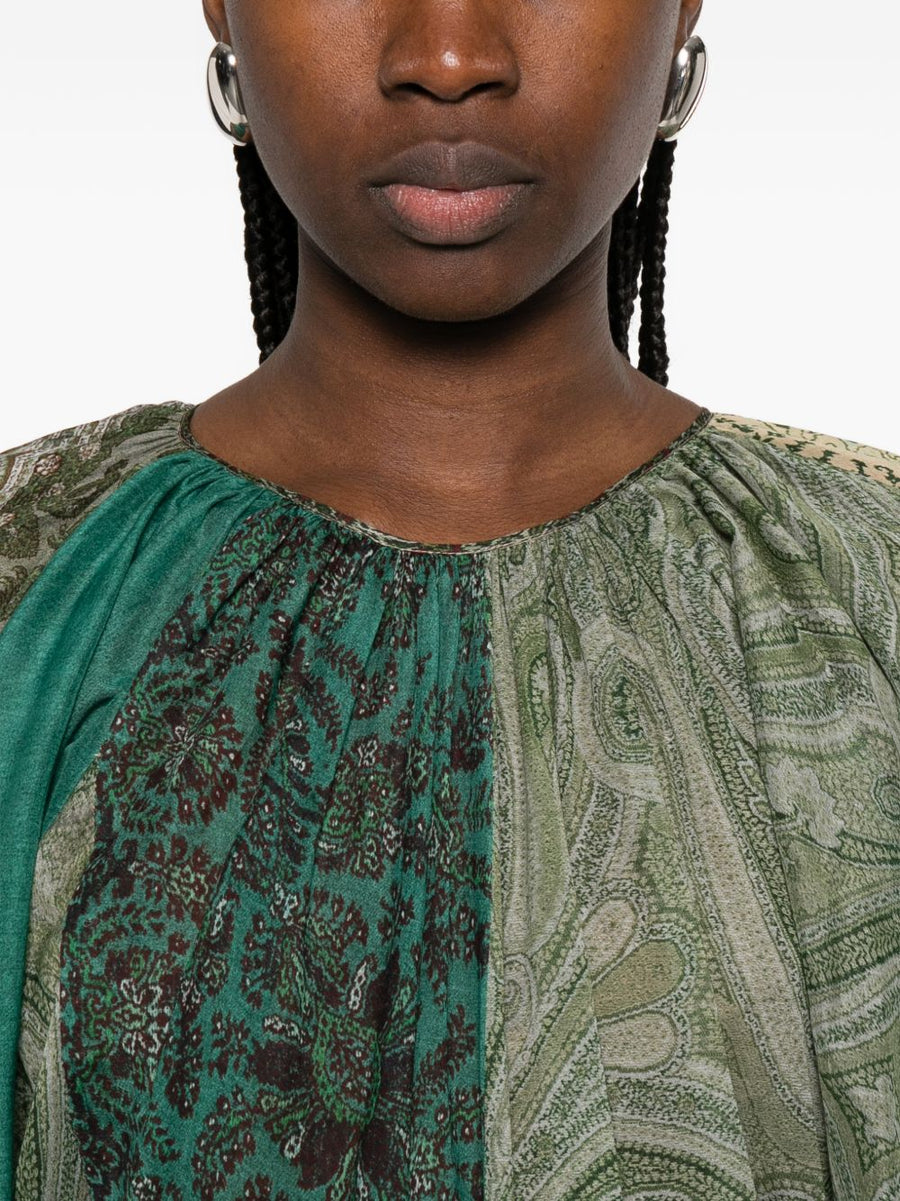 Pierre Louis Mascia Silk And Cotton Blend Maxi Dress For Women Green Paisley Print With Gathered Detailing Elegant