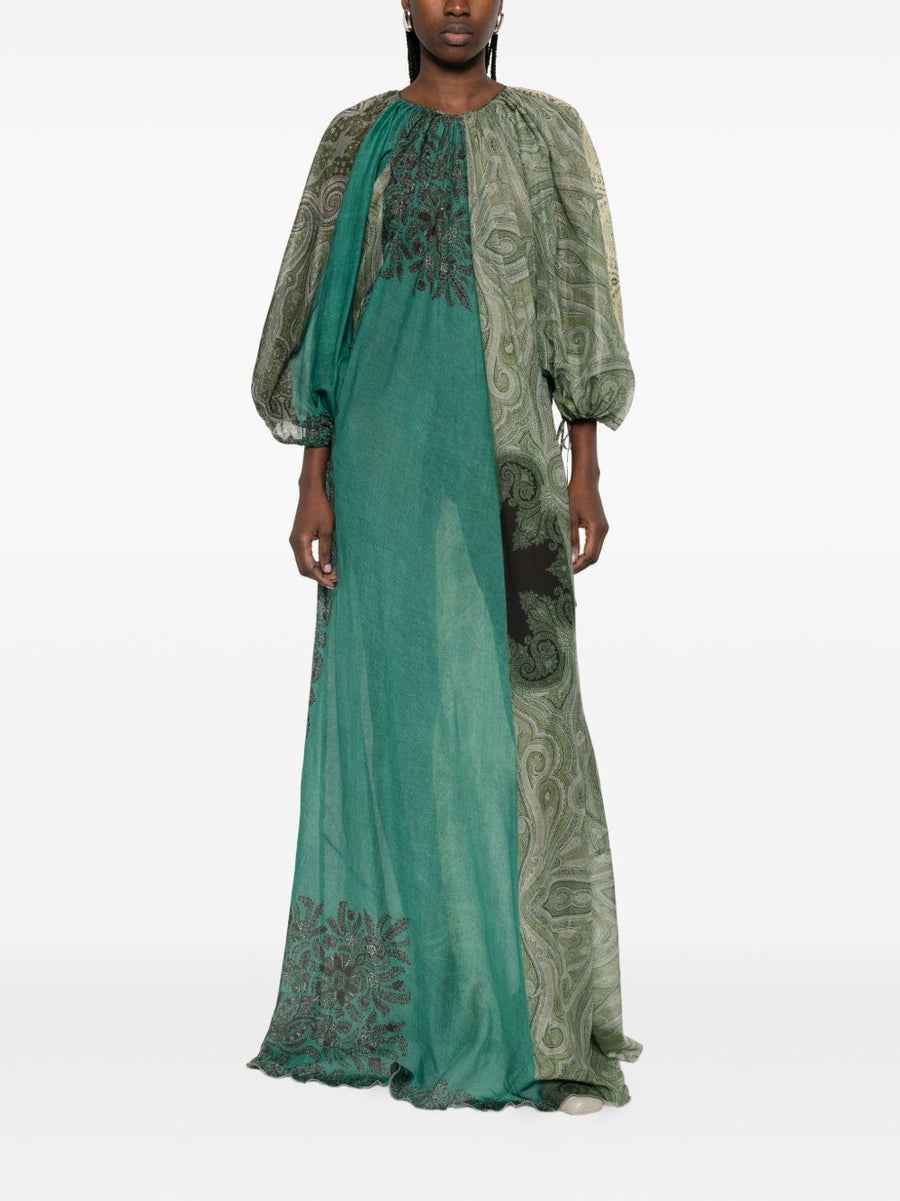 Pierre Louis Mascia Silk And Cotton Blend Maxi Dress For Women Green Paisley Print With Gathered Detailing Elegant