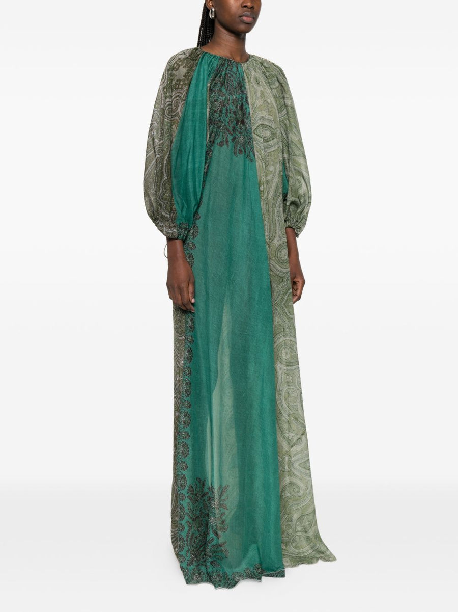 Pierre Louis Mascia Silk And Cotton Blend Maxi Dress For Women Green Paisley Print With Gathered Detailing Elegant
