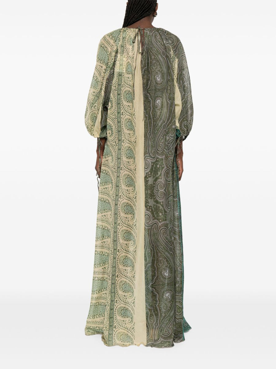 Pierre Louis Mascia Silk And Cotton Blend Maxi Dress For Women Green Paisley Print With Gathered Detailing Elegant