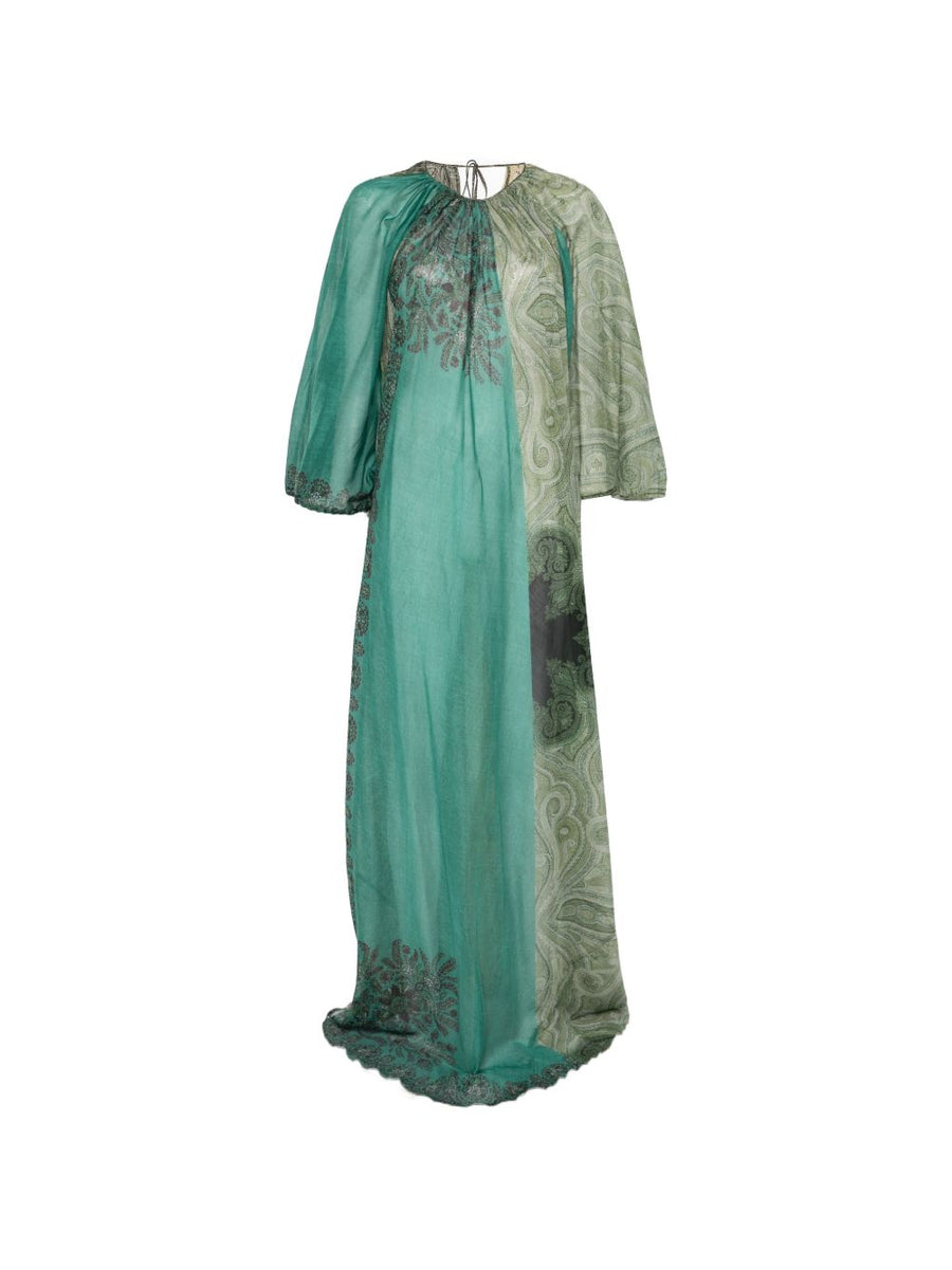 Pierre Louis Mascia Silk And Cotton Blend Maxi Dress For Women Green Paisley Print With Gathered Detailing Elegant