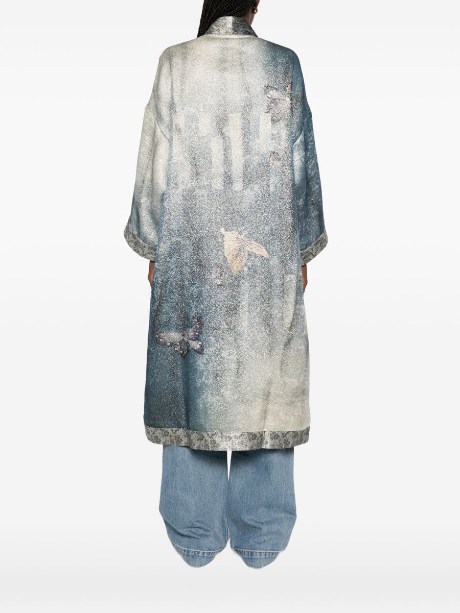 Pierre Louis Mascia Printed Kimono Jacket Blue Floral Print For Women Knee Length Versatile Luxury Layer