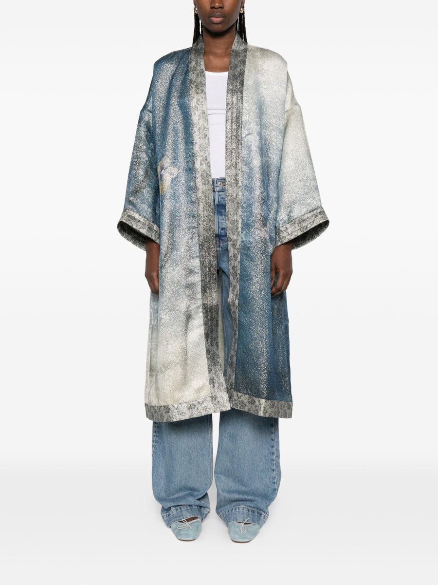 Pierre Louis Mascia Printed Kimono Jacket Blue Floral Print For Women Knee Length Versatile Luxury Layer