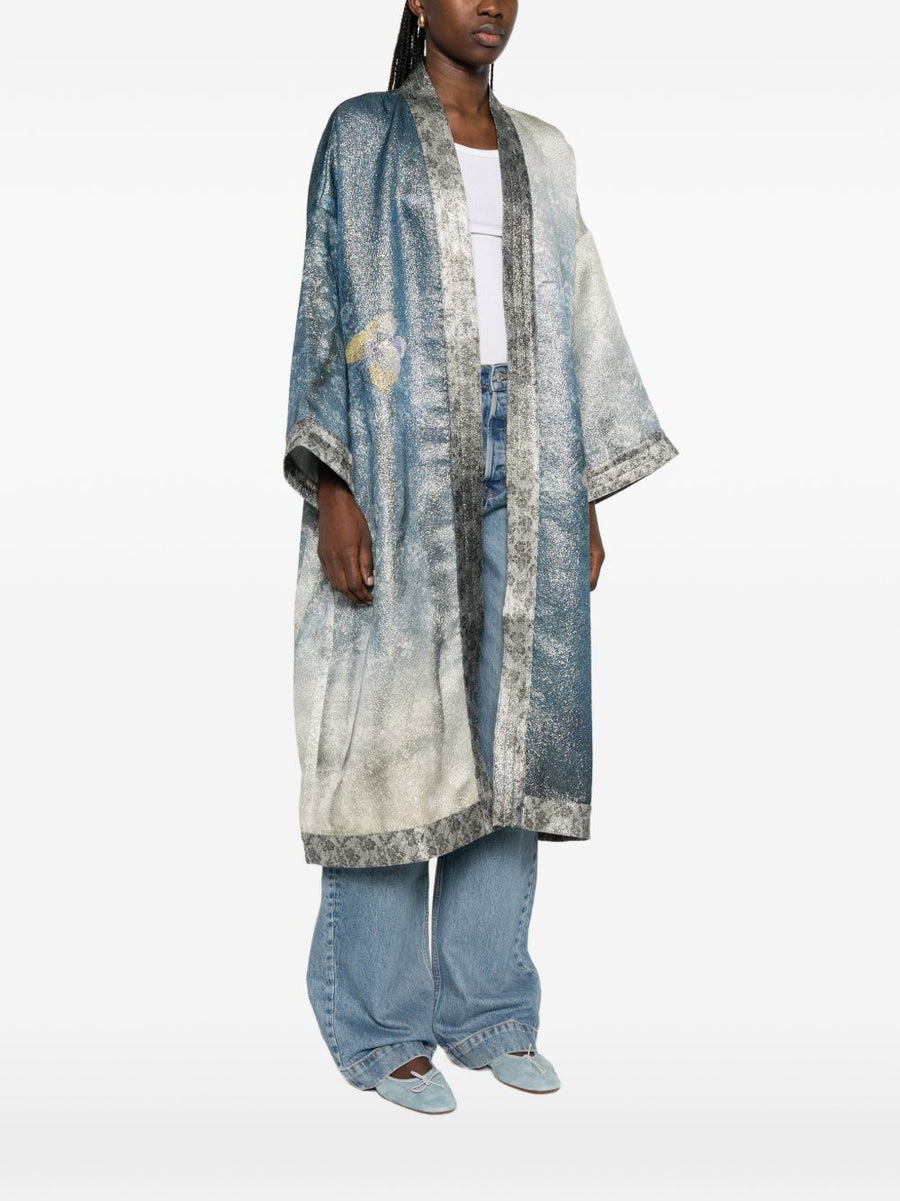 Pierre Louis Mascia Printed Kimono Jacket Blue Floral Print For Women Knee Length Versatile Luxury Layer