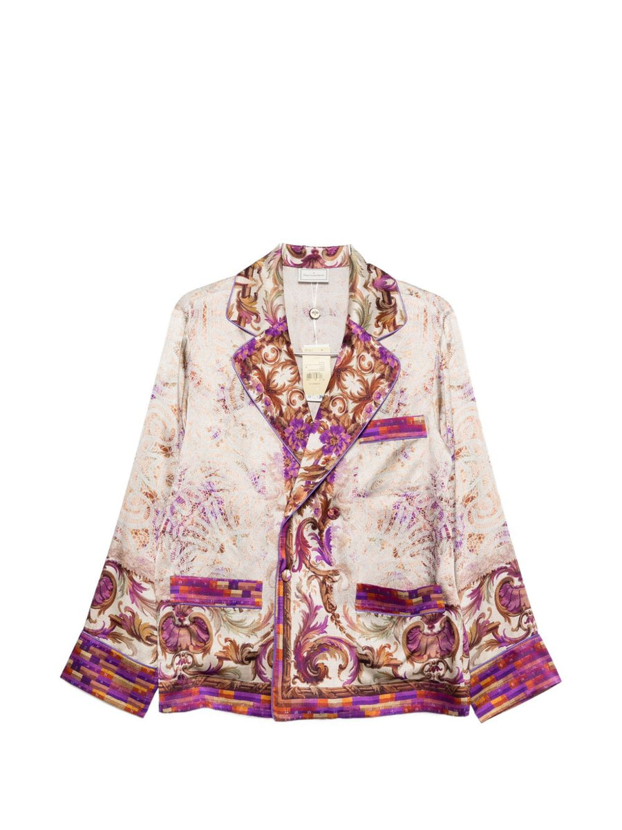 Pierre Louis Mascia Luxurious Silk Jacket for Women Couture Floral Print Notched Lapels Patch Pockets 100 Percent Silk