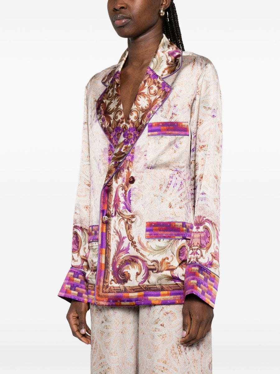 Pierre Louis Mascia Luxurious Silk Jacket for Women Couture Floral Print Notched Lapels Patch Pockets 100 Percent Silk