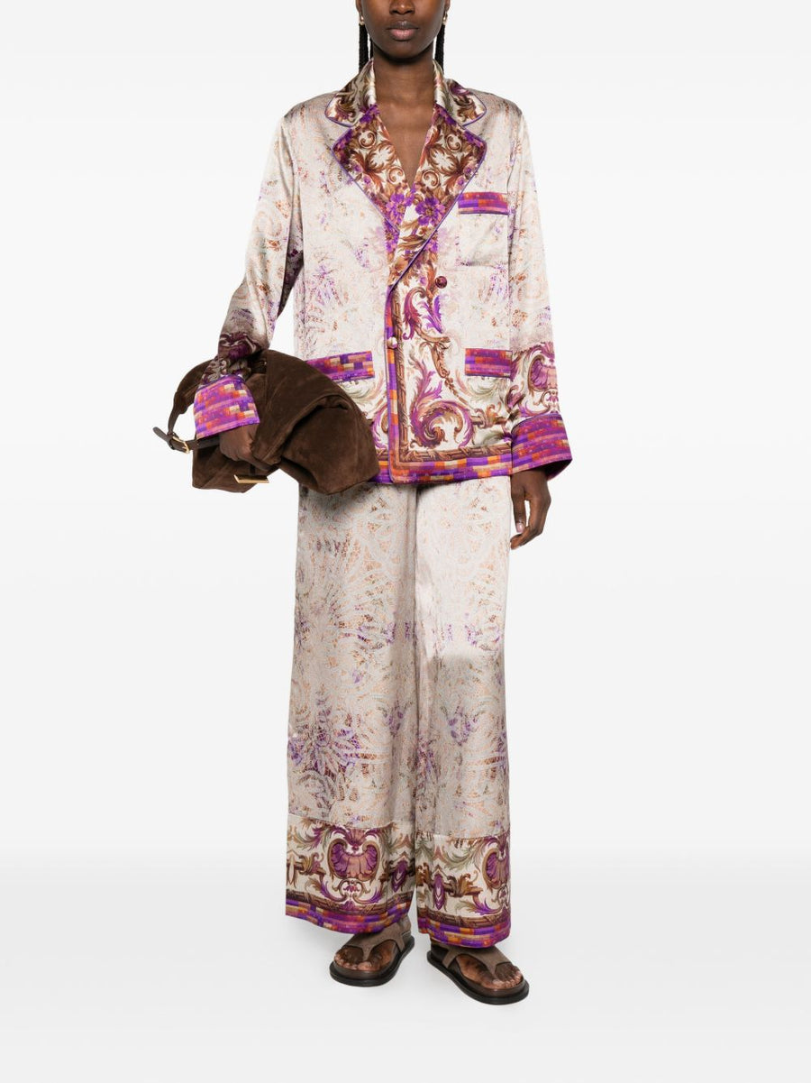 Pierre Louis Mascia Luxurious Silk Jacket for Women Couture Floral Print Notched Lapels Patch Pockets 100 Percent Silk