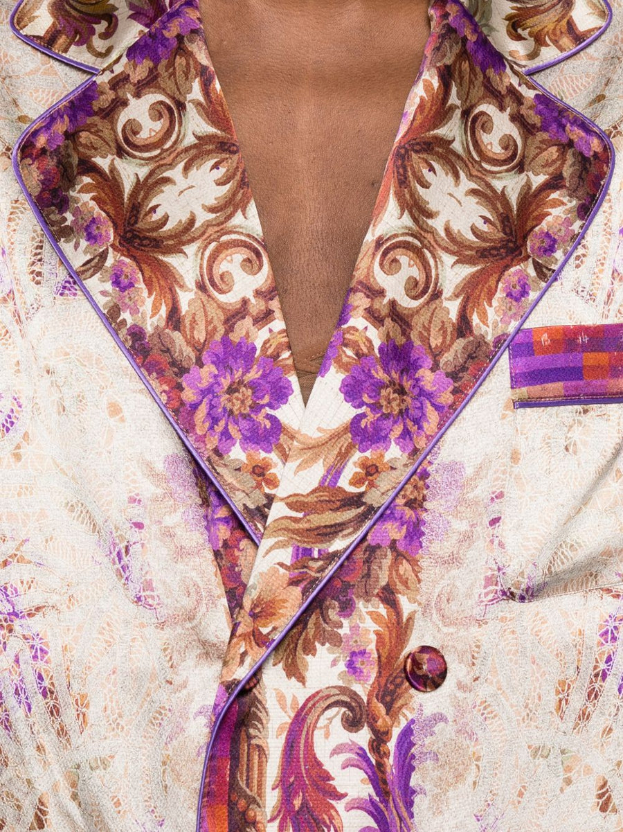 Pierre Louis Mascia Luxurious Silk Jacket for Women Couture Floral Print Notched Lapels Patch Pockets 100 Percent Silk