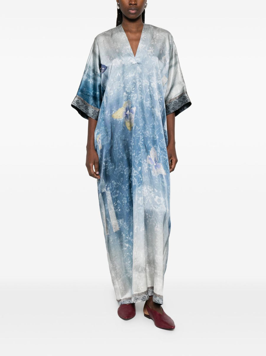 Pierre Louis Mascia Silk Dress With Light Blue Butterfly Print V Neck Short Sleeves Womens Luxury Resort Wear