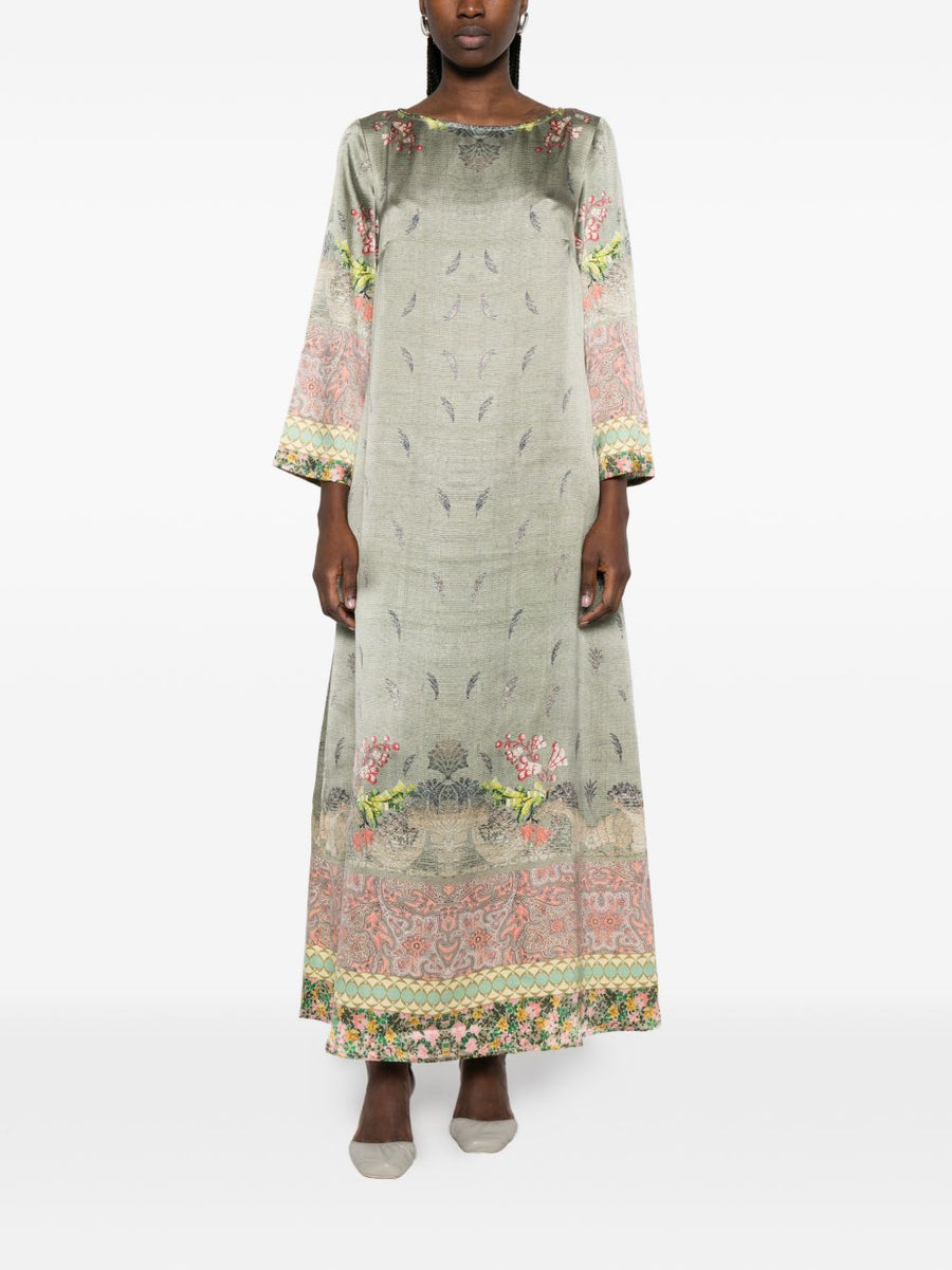 Pierre Louis Mascia Printed Silk Dress Khaki With Green Floral Feather Print For Women Elegant And Versatile