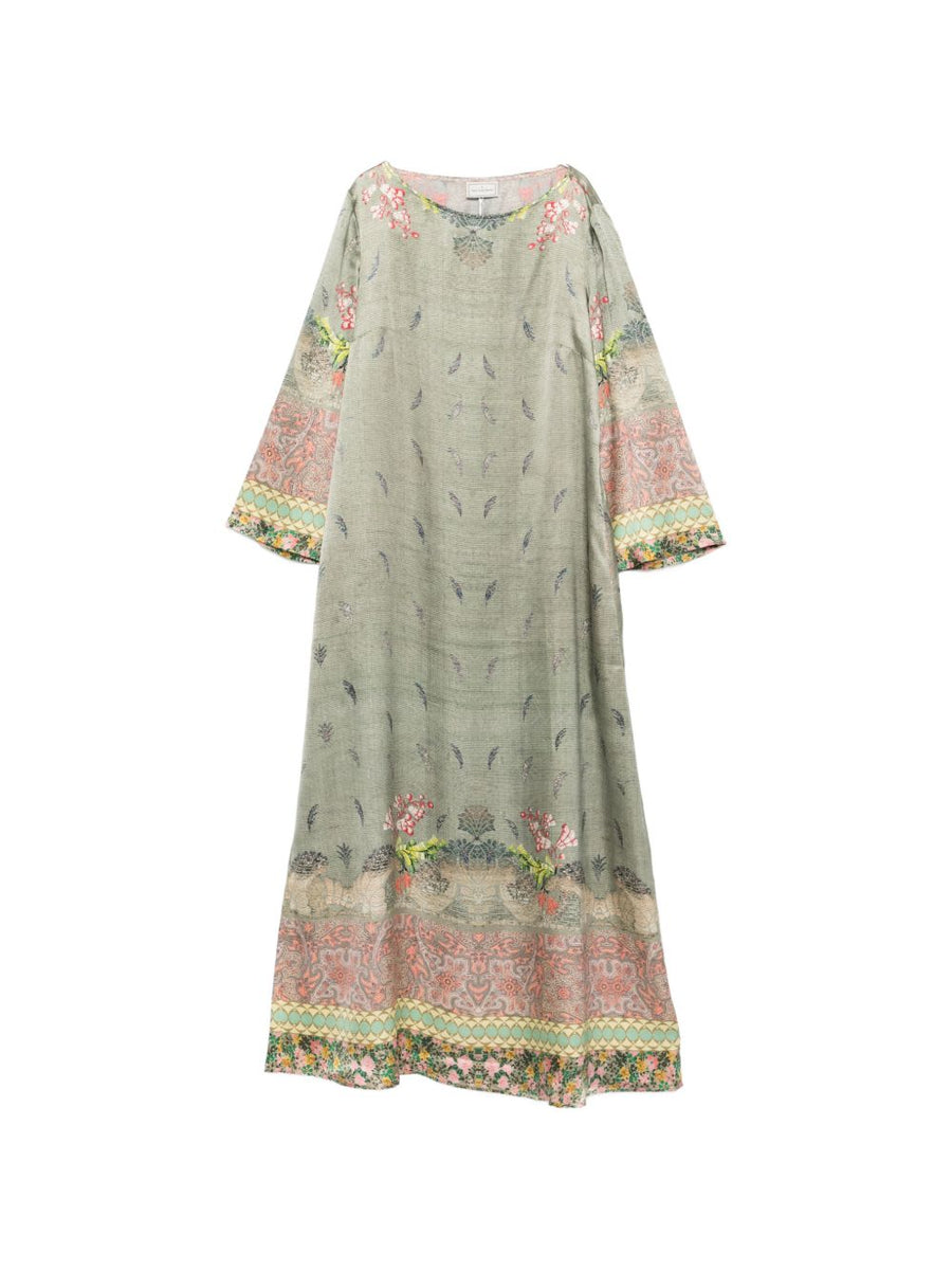 Pierre Louis Mascia Printed Silk Dress Khaki With Green Floral Feather Print For Women Elegant And Versatile