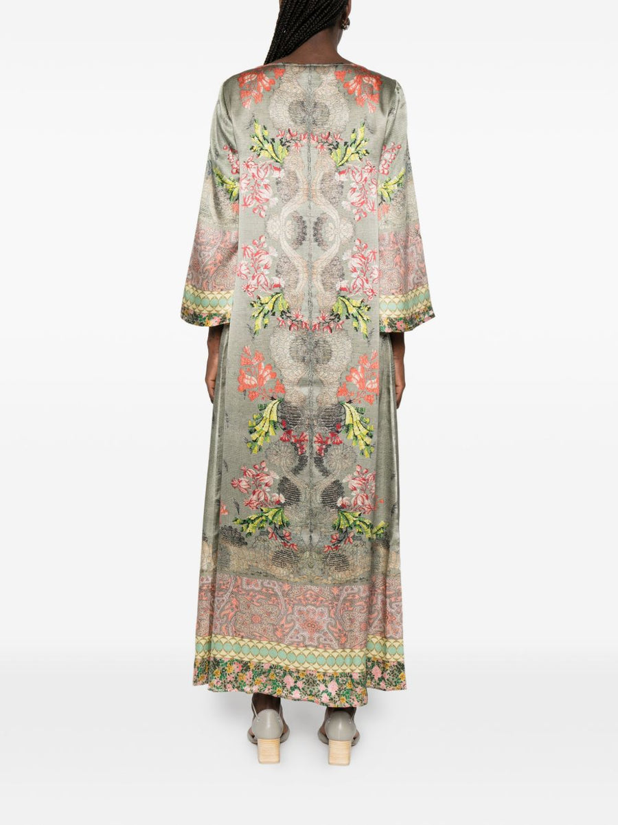 Pierre Louis Mascia Printed Silk Dress Khaki With Green Floral Feather Print For Women Elegant And Versatile
