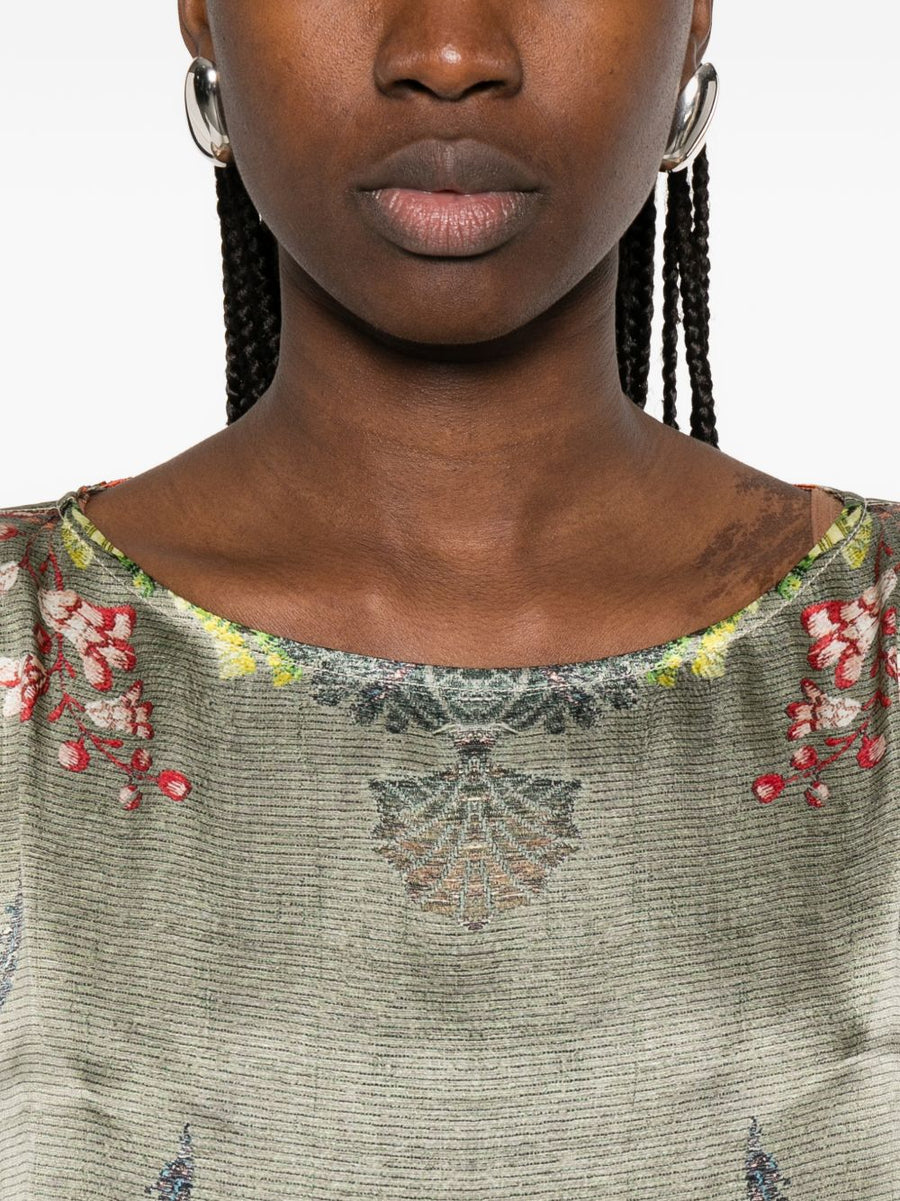 Pierre Louis Mascia Printed Silk Dress Khaki With Green Floral Feather Print For Women Elegant And Versatile