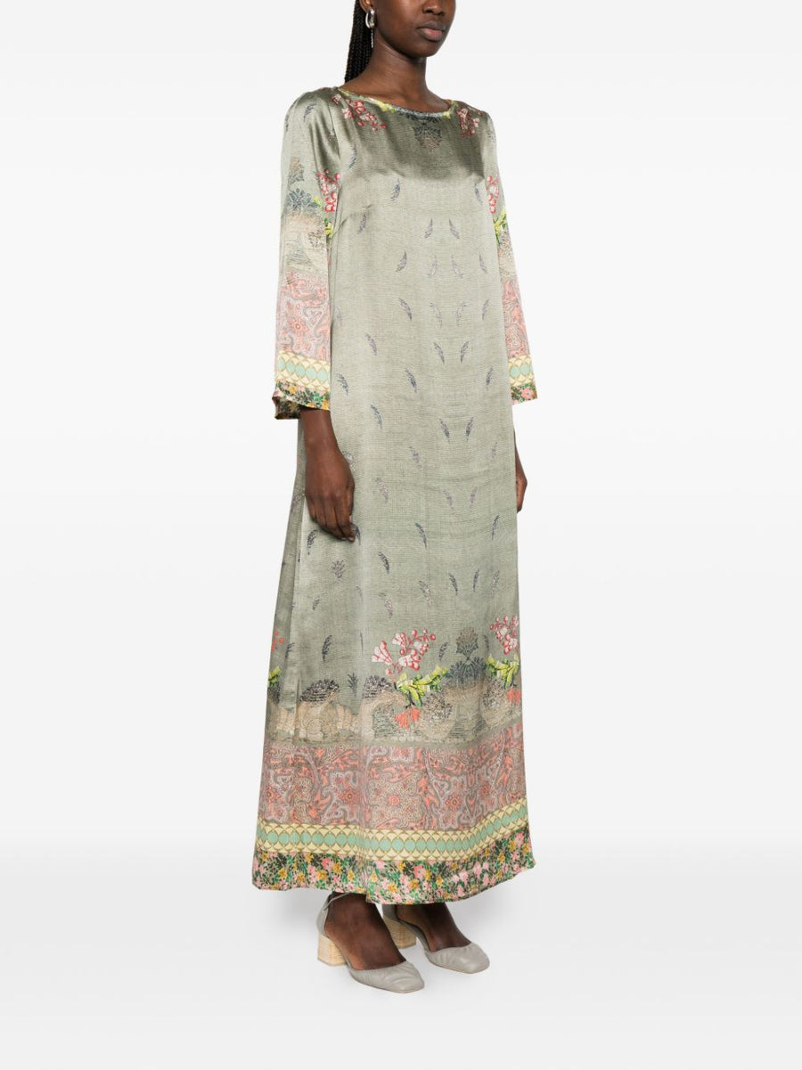 Pierre Louis Mascia Printed Silk Dress Khaki With Green Floral Feather Print For Women Elegant And Versatile