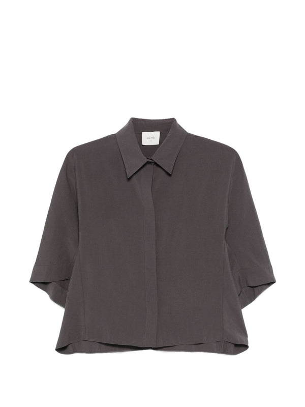 Alysi Women Grey Luxe Short Sleeve Shirt With Boxy Fit And Concealed Button Fastening