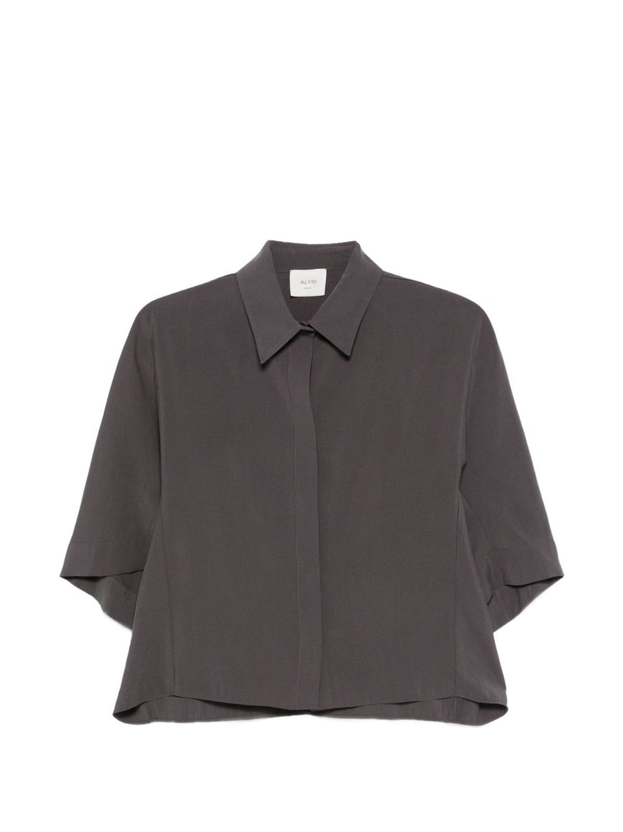 Alysi Women Grey Luxe Short Sleeve Shirt With Boxy Fit And Concealed Button Fastening