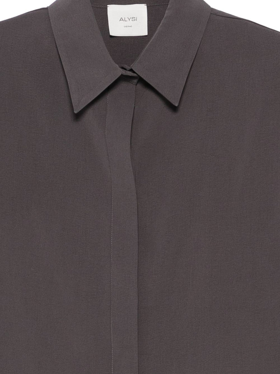 Alysi Women Grey Luxe Short Sleeve Shirt With Boxy Fit And Concealed Button Fastening