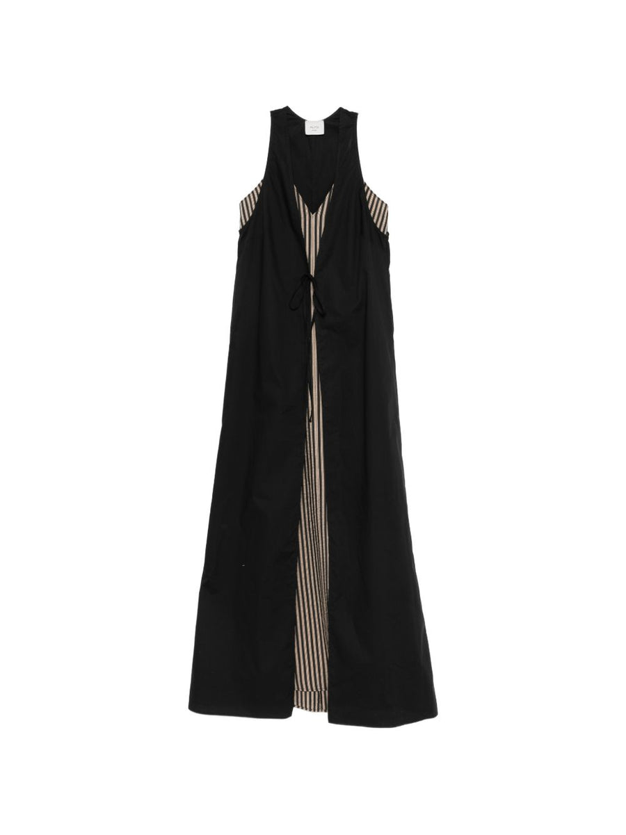 Alysi Striped Long Dress For Women With V Neck Sleeveless Draped Breathable Cotton Viscose Silk Blend