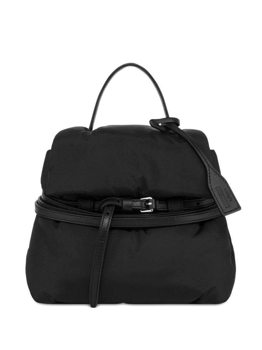 Moschino Tie Me Small Backpack Black For Women Luxury Compact Top Handle Buckle Closure