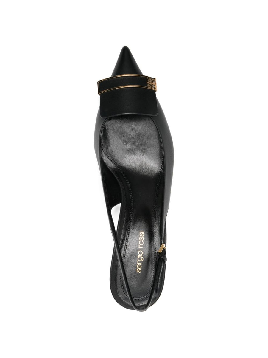 Sergio Rossi Black Leather Slingback Pumps Four Point Five Centimeter Heel Elegant Office To Evening For Women