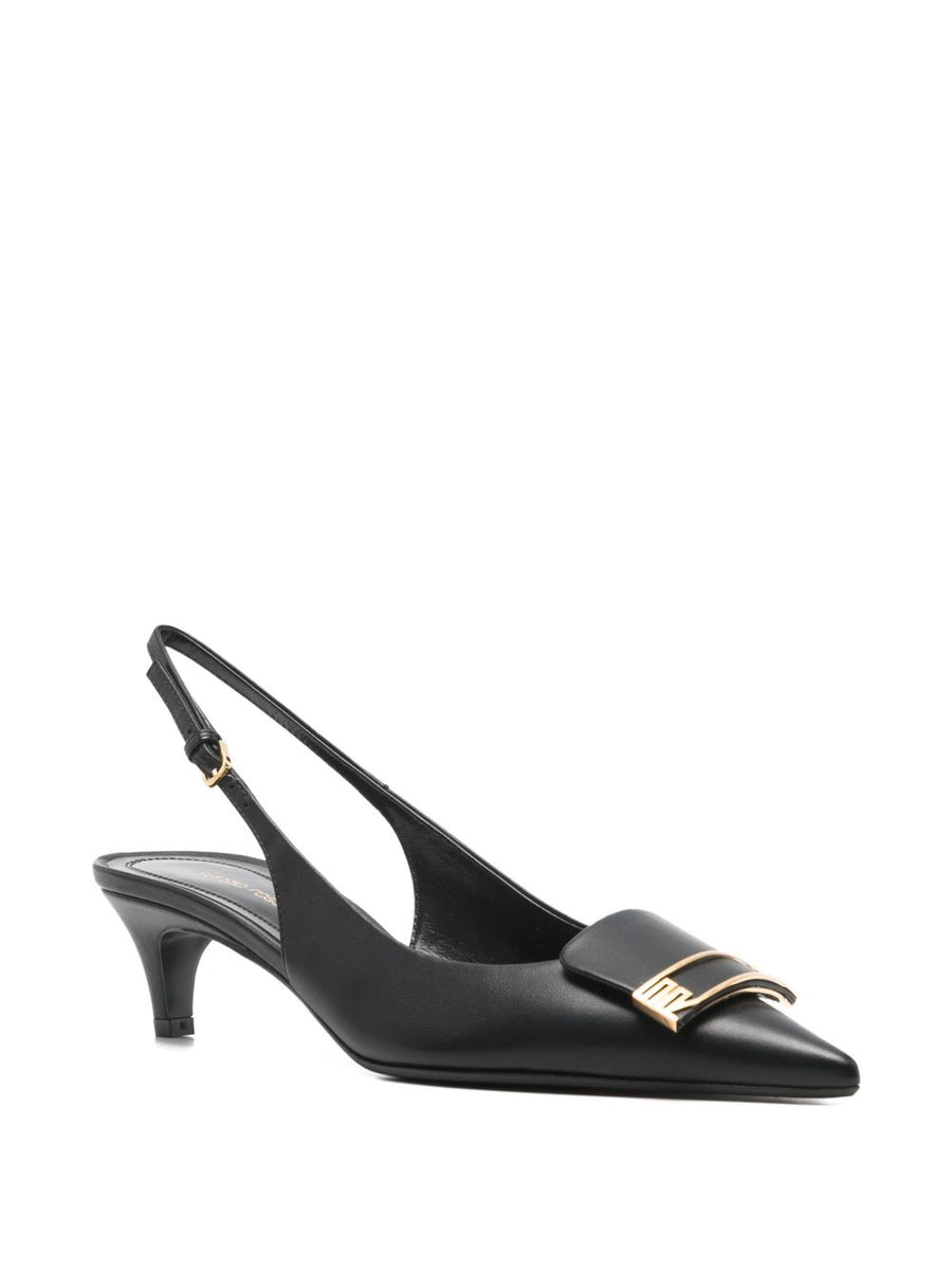 Sergio Rossi Black Leather Slingback Pumps Four Point Five Centimeter Heel Elegant Office To Evening For Women